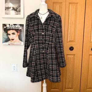 Laundry By Shelli Segal Fit & Flare Coat Womens L Black White Plaid Tweed Jacket